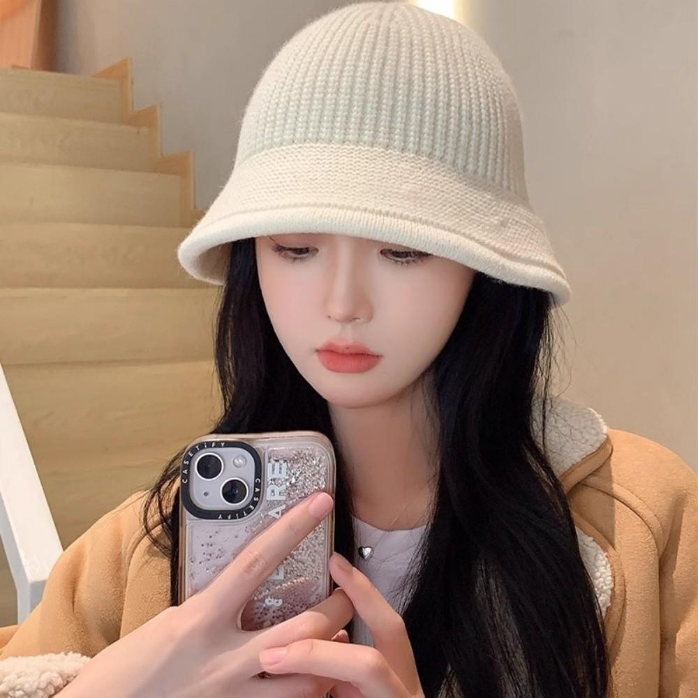 Knitted Fishing Cap Autumn Winter Fleece Round Top Hat Fashion Bucket Hat  Outdoor