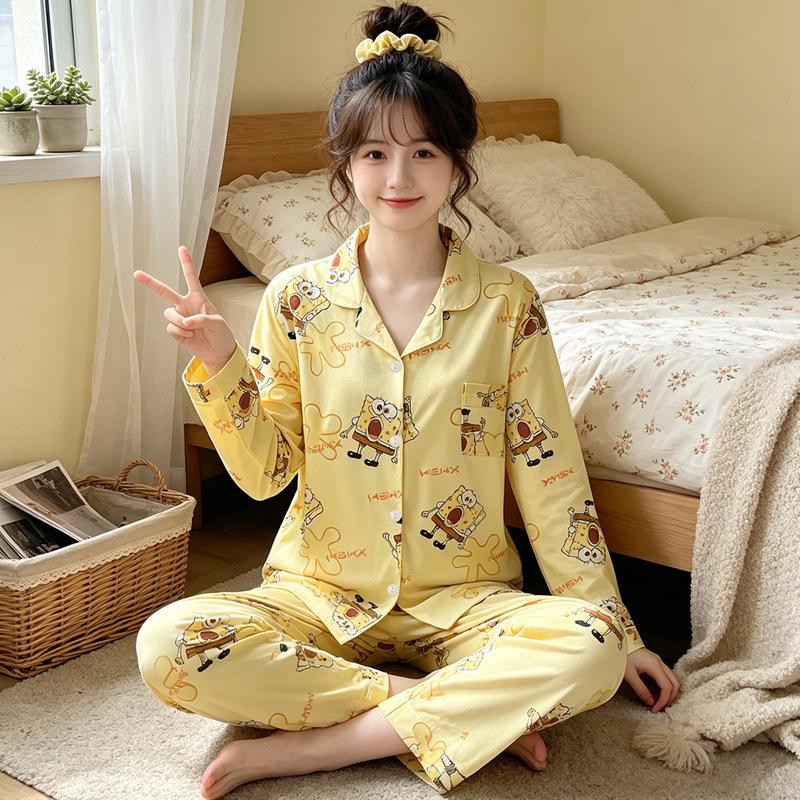 Japanese style SpongeBob SquarePants imitation cotton pajamas women's spring and autumn cartoon long-sleeved comfortable loungewear two-piece set