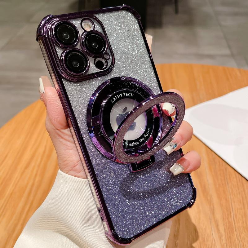 For iPhone 15 Pro Max Luxury Plating Magsafe Magnetic Stand Flash Phone Case For iPhone 11 12 13 14 15 Pro Lens Protective Cover