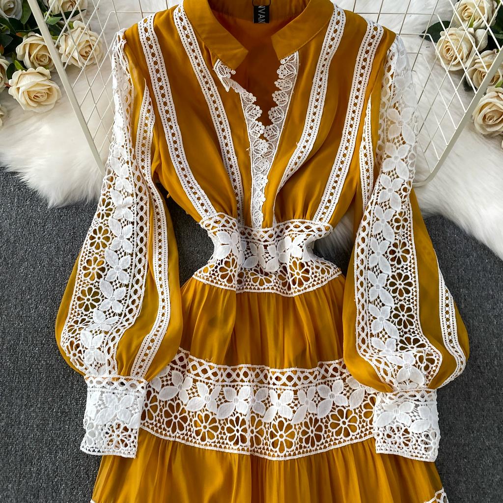 Роскошные Дизайнерские Осенние Вечерние Платья для Выпускного с Ажурной Вышивкой для Женщин, Кружевной Пэчворк, V-образный Вырез, Длинный Рукав-фонарик, Макси-платье