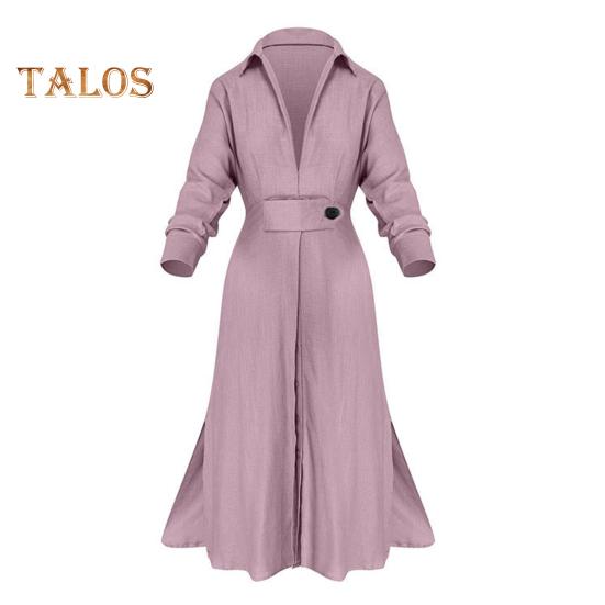 Осенне-весеннее женское платье с тонкой талией и длинными рукавами, однотонное платье с отворотом и v-образным вырезом, однотонное платье макси для свиданий