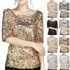 Women's Solid Color Sequined Round Neck Loose Casual Short Sleeve T-Shirt Top
