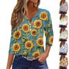 Women's Fashion Casual Floral Print V-Neck Decorative Button Three-quarter Sleeve T-Shirt Top