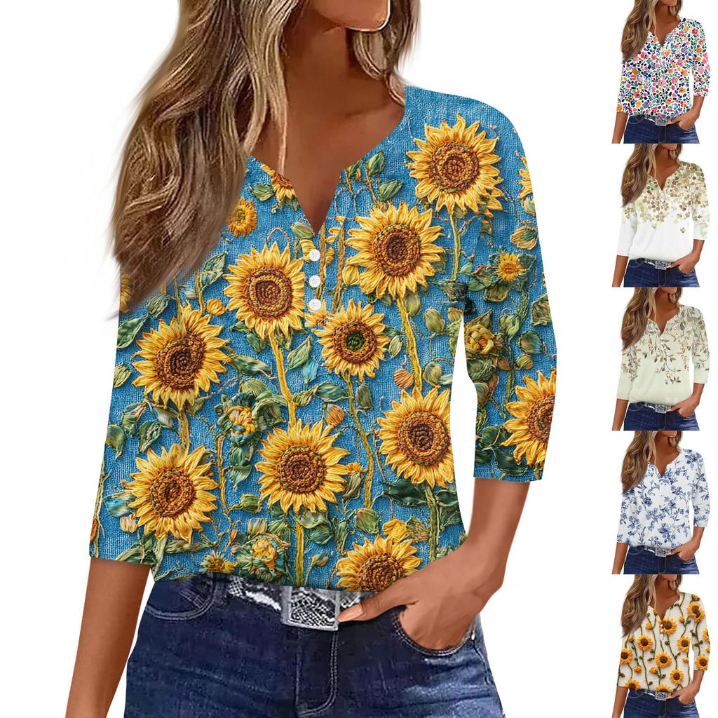 Women's Fashion Casual Floral Print V-Neck Decorative Button Three-quarter Sleeve T-Shirt Top