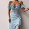 Summer Elegant Off Shoulder Floral Print Slim Dress Sexy Sling Ruffle Strapless Slit Party Dress Women V Neck Long Dress 21764