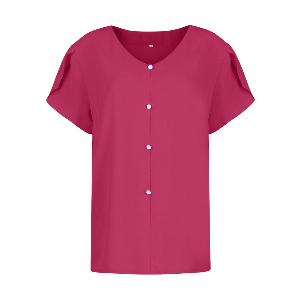 Women's V-Neck Short Sleeved  Solid Color Fashionable Button Top