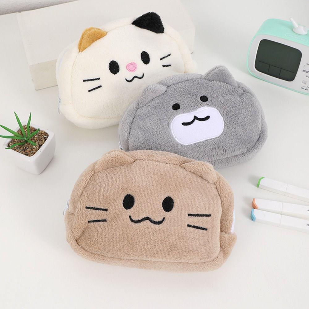 Zipper Plush Pencil Case Desk Organizer Cat Makeup Bag Smile Cat Pencil Bag  School Supplies