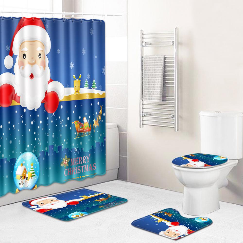 Christmas Home Shower Curtain Waterproof Polyester Cloth Toilet Floor Mat Four-Piece Set Entrance Door Mat Bedroom Living Room Carpet