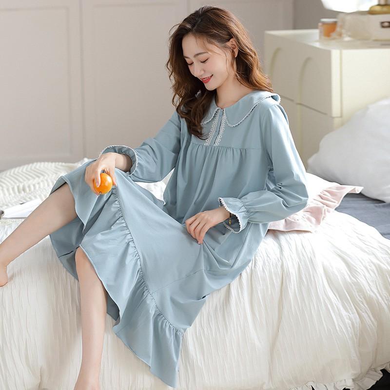 Womens Cotton Long Sleeve Pajama Dress Princess Style Loungewear Pregnant Women