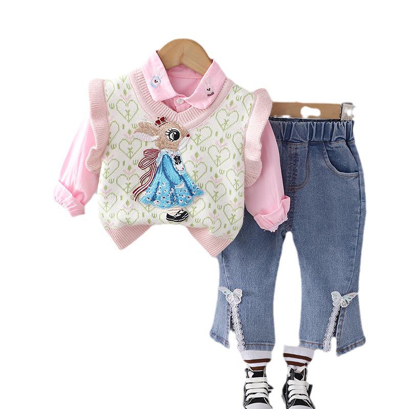 Комплект из трех предметов: кружевной свитер и жилет для девочек: Рубашка с лацканами, топ с длинными рукавами и джинсы для детей от 1 до 5 лет