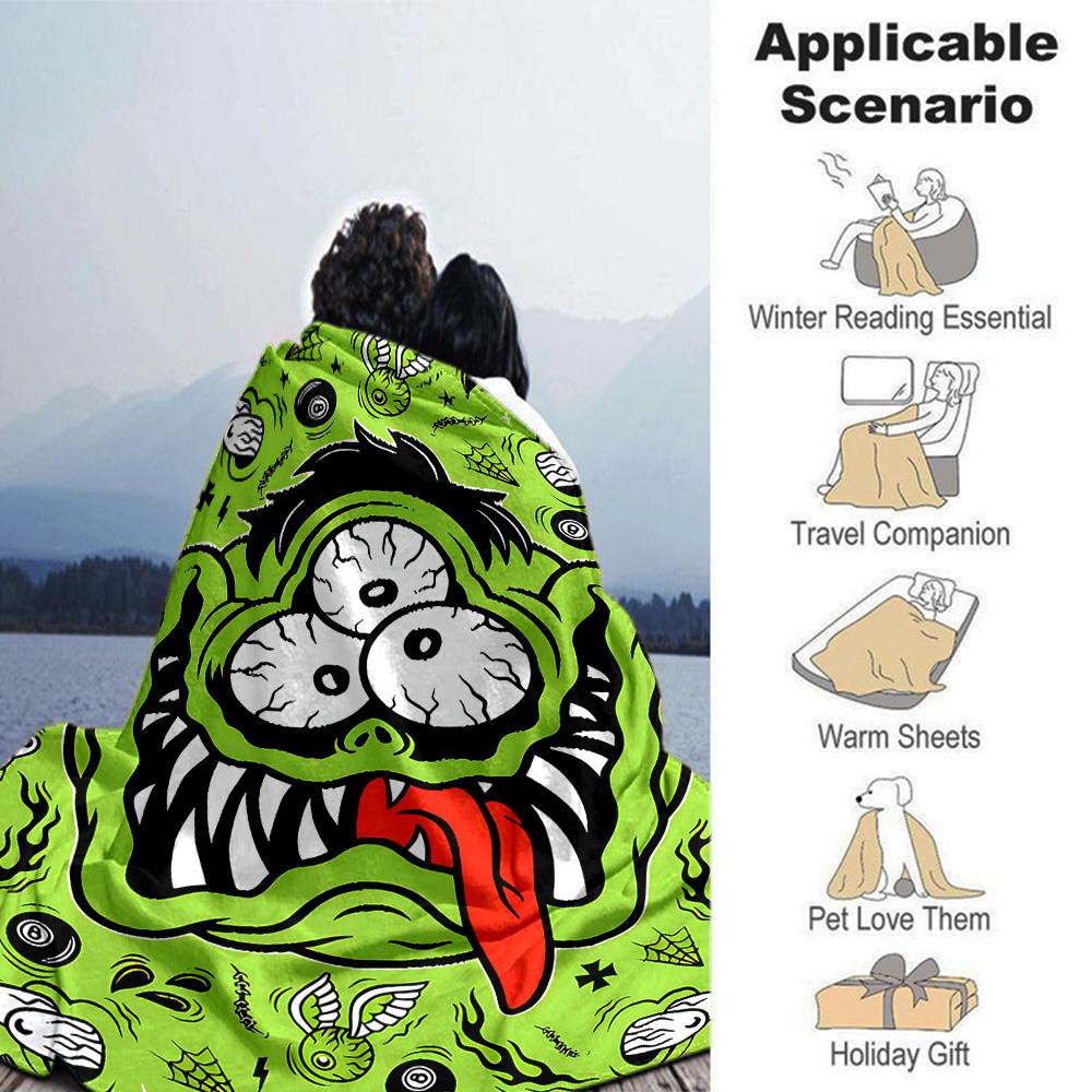 Green Monster Face Flannel Blanket Super Soft Warm Cozy Blanket For Sofa Bed Office Travel Allseason Home Decor Gift