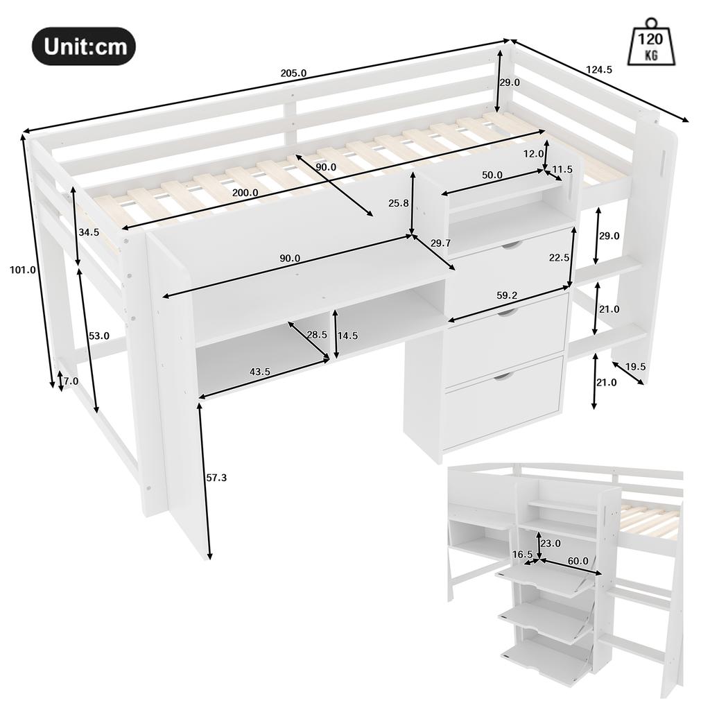 Half-high bed, 90x200 cm, house shape, multiple storage compartments, entertainment area under the bed, without mattress, white