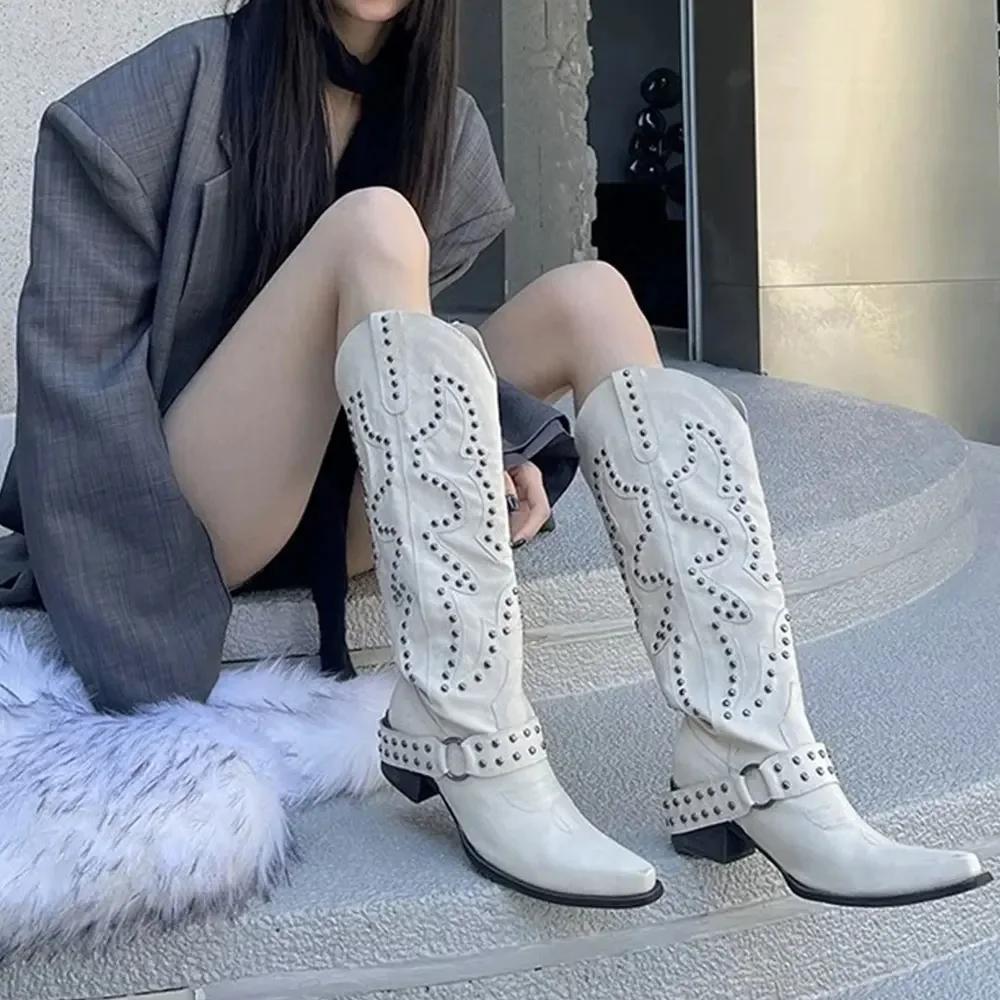 2025 Большой размер 42 Ретро стиль Майяр Коричневые ковбойские сапоги Женские Панк заклепки Массивный каблук До колена Западные Мотоциклетные сапоги Обувь