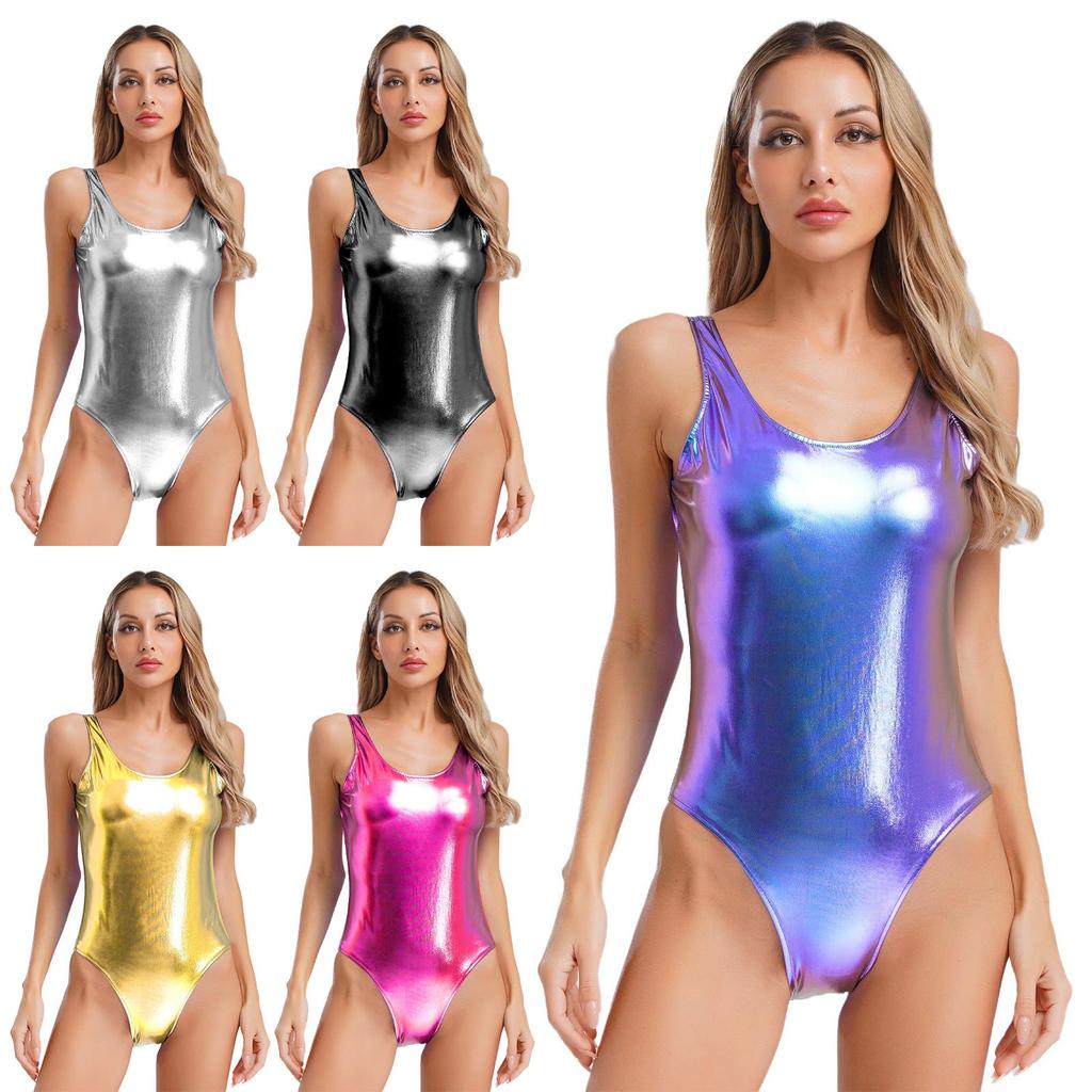Women Sleeveless Shiny Metallic Bodysuit for Dance Yoga Gymnastics Stage Performance Rave Costume