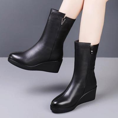 Модные черные кожаные полусапоги на среднем каблуке с кристаллами для женщин, осенне-зимние, на флисовой подкладке, модные 2025, горячие полусапоги для женщин