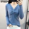 Свитер с v-образным вырезом, женский облегающий короткий топ, пуловер, трикотажный джемпер, однотонный женский свитер с длинными рукавами, весна-осень
