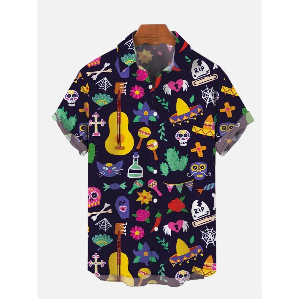 Men's Shirts Mexican Style Skull Pattern 3D Print Tops New Summer Casual Fashion Beach Party Tops Short Sleeves Men Clothing