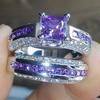 2 PCS Princess Cut Silver Color White Rhinestone & Crystal Wedding Rings Set Size 6-11 ARI