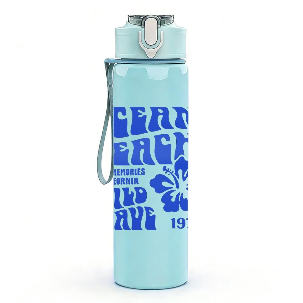 1PC Ocean Beach Surf Text Slogan Print 750ml Color Plastic Sports Water Bottle Leakproof Flip Straw Lid Suitable for Sports Office Home Use