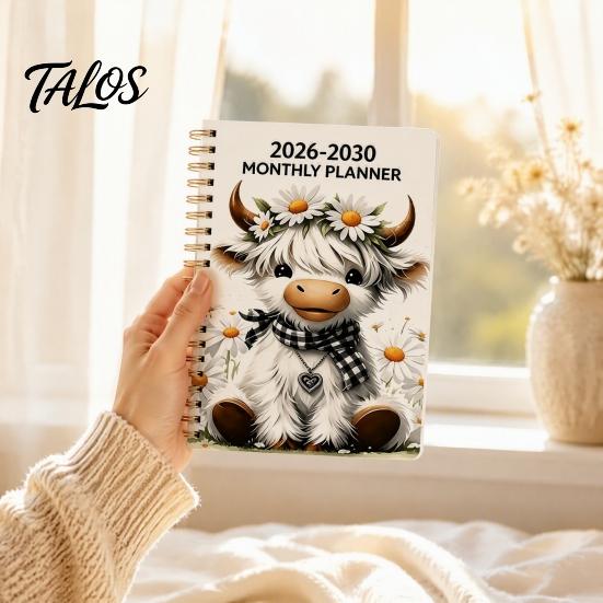 Компактный планировщик встреч для дома 2026–2030, 5-летний ежемесячный планировщик, Милый календарь-блокнот с обложкой в виде шотландской коровы, Инструмент для долгосрочного планирования