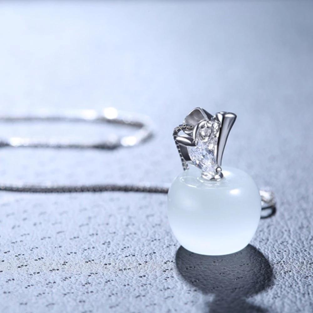 New 925 Sterling Silver Women Pendant Necklace Fashion High Quality Pink Opal Apple Shape Clavicle Chain Jewelry Length 45CM