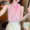 Elegant Pin 3D Flower Women Tops Dark Print Mesh Chiffon Halter Neck Blouse Sleeveless Shirt 2023 Summer Clothes 27747