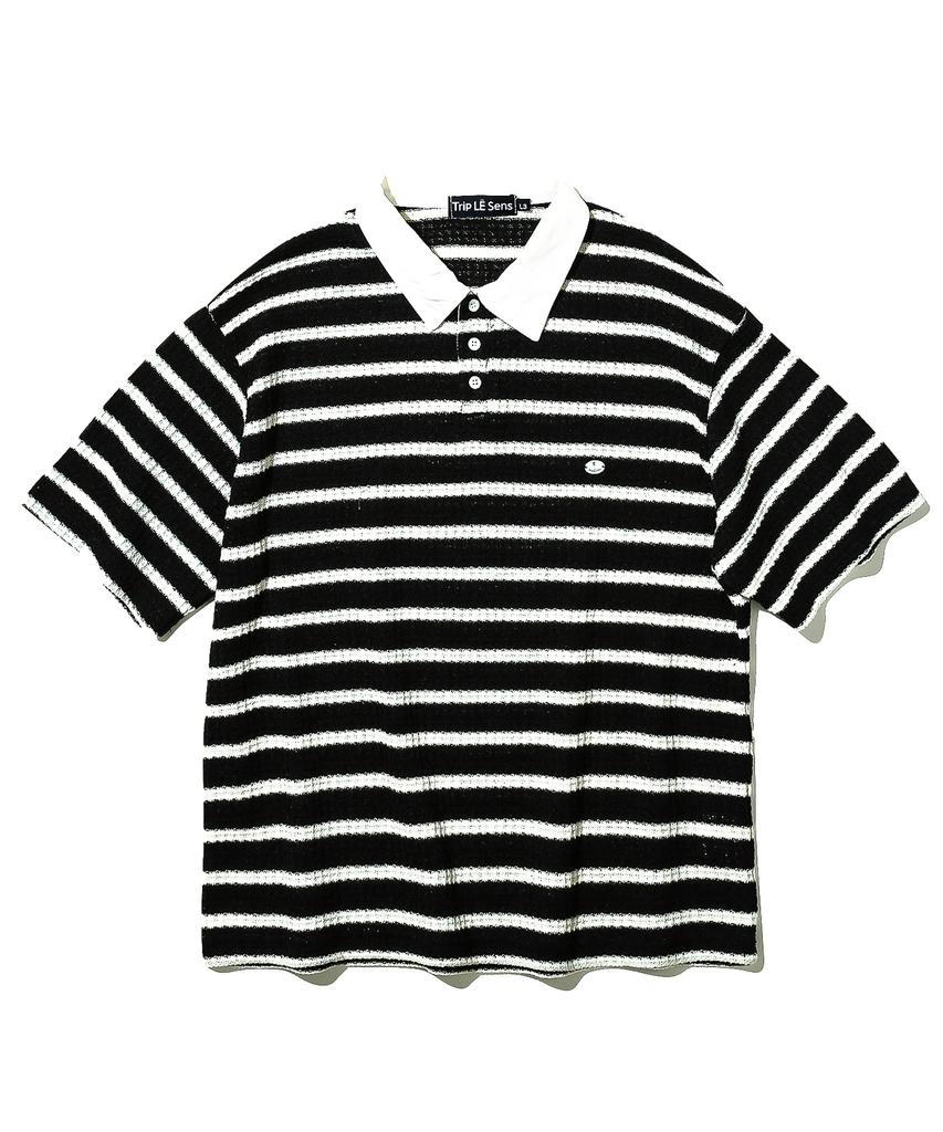 TRIP LE SENS Surfer Stripe Waffle Polo Shirt_Light Gray