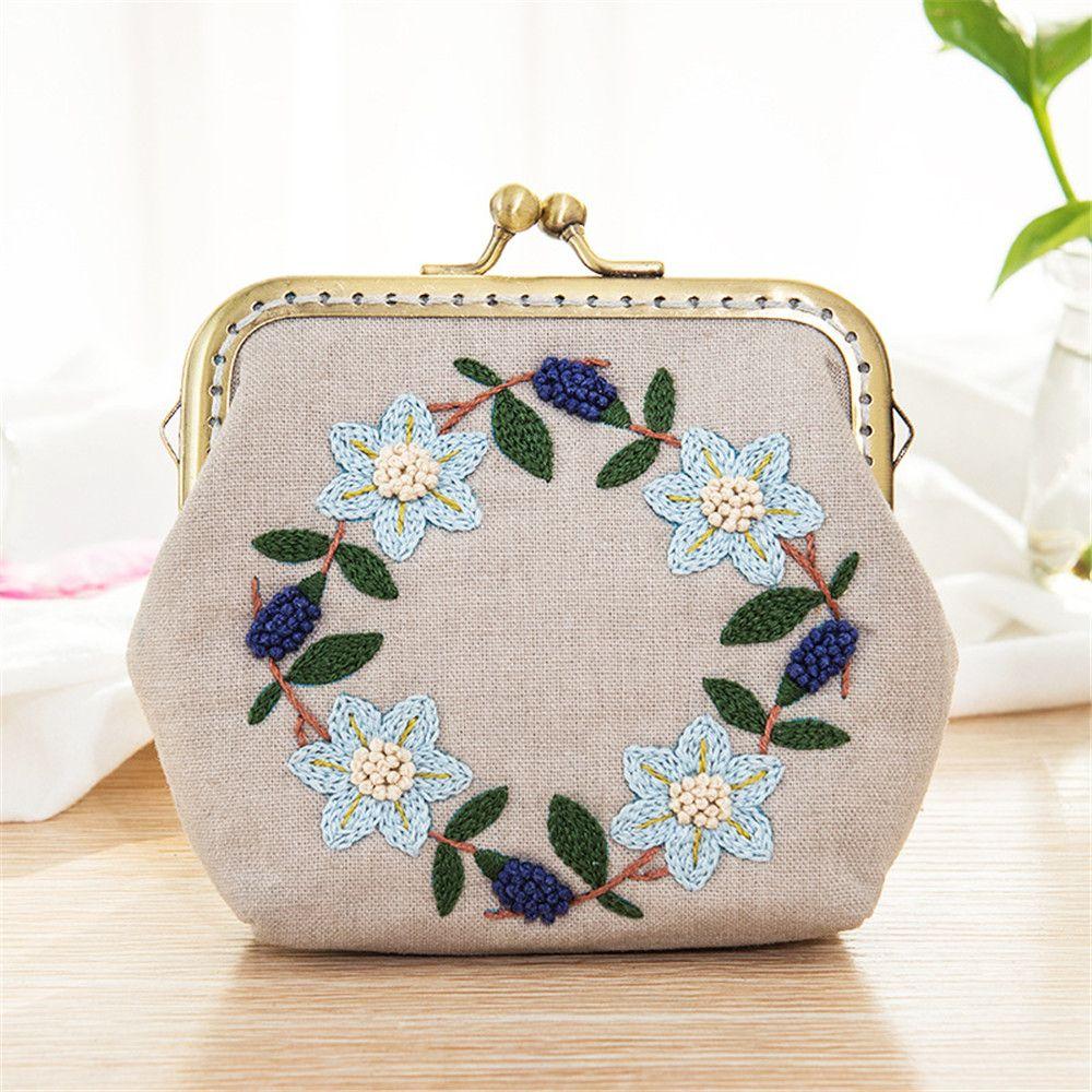 Handmade DIY Crafts Embroidery Starter Kit Coin Purse Wallet Cross Stitch Flower Patterns