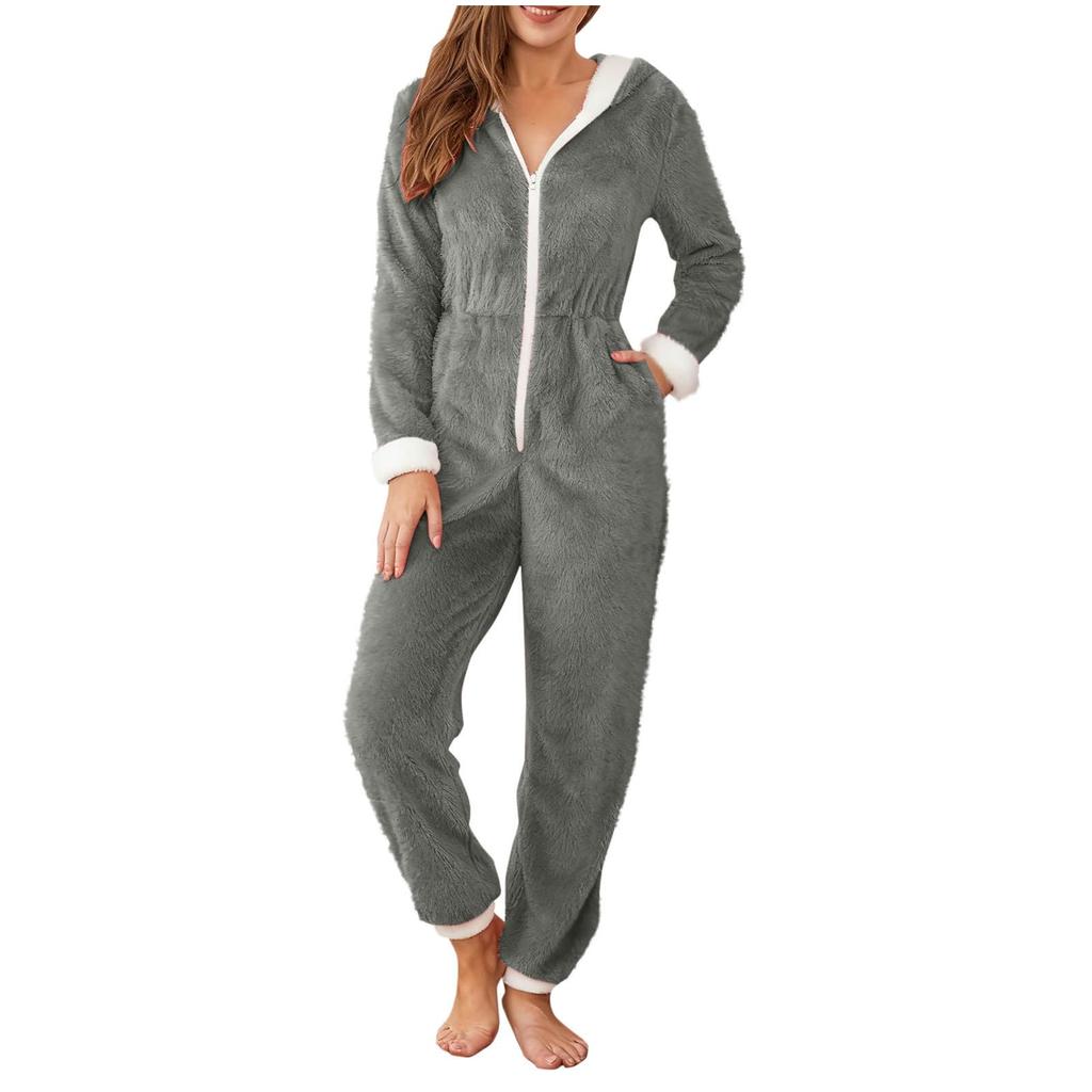 Hoodie Jumpsuits For Women Fleece Jumpsuit Pajamas Warm Romper Sleepwear Zipper Hooded