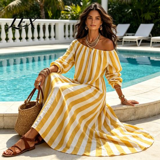 Lightweight Polyester Dress Summer Women Striped Long Dress, Off Shoulder Sleeve Casual with Side Pocket Ankle Length Loose Swing Beach