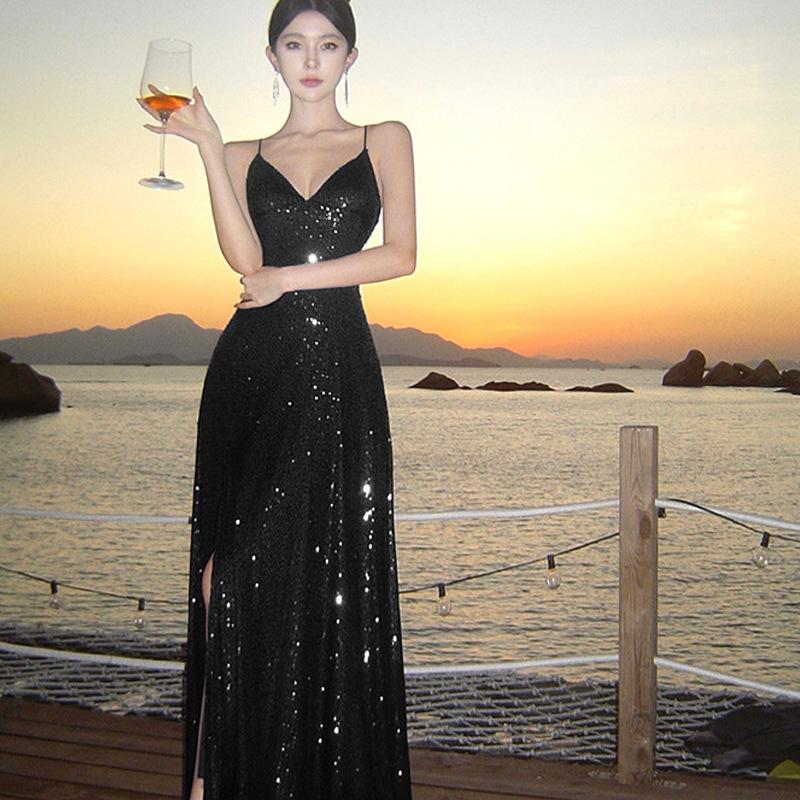 Sexy Collar Suspender Dress Women's Summer Waist Temperament Sequined Skirt High-end Evening Dress Mopping Dress