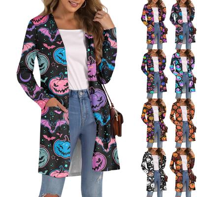Женский модный повседневный удобный кардиган средней длины с принтом на Хэллоуин и карманами