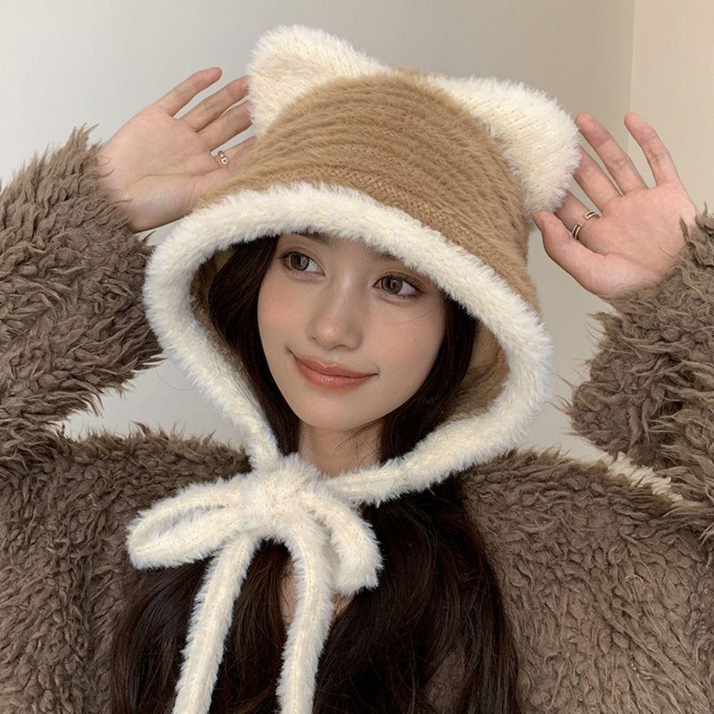 Plush Faux Fur Bucket Hat Korean Style Women Fluffy Hats Fashion Cute Cat Ear Hat Outdoor