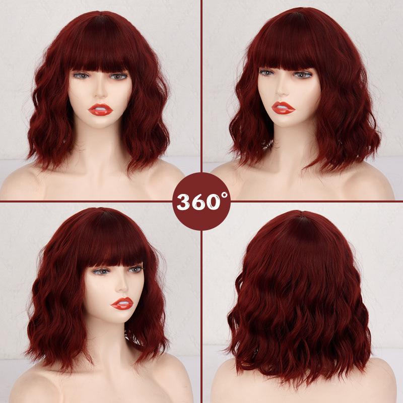 European and American black wig realistic curly hair female broken bangs water ripple short curly hair chemical fiber full head cover Bangs wigs