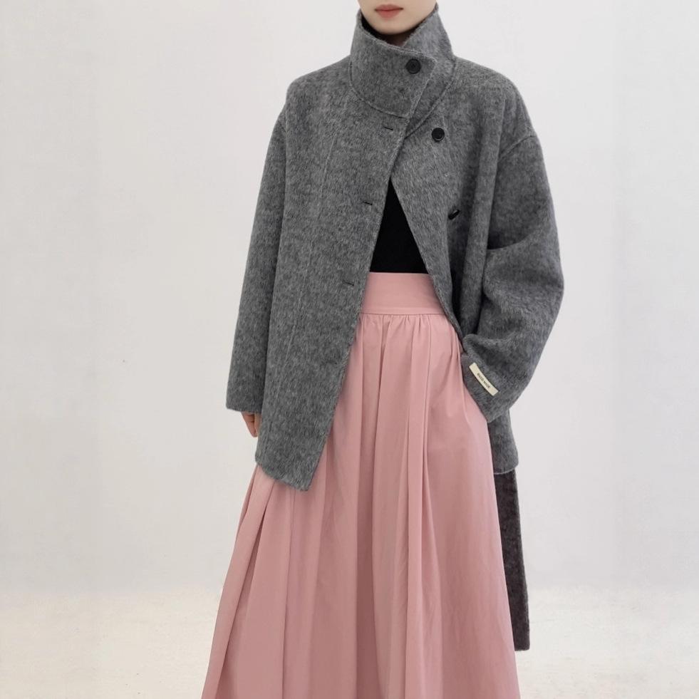 Пальто из маленькой двусторонней шерсти с воротником-стойкой, женское серое осенне-зимнее пальто, короткое, нишевый дизайн, новое
