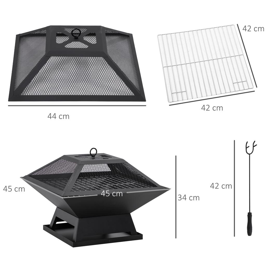 Fire Bowl 45 x 45 x 34cm Made of Stainless Steel Fire Pit with Spark Guard Poker Fire Bowls Fire Basket for Garden, Balcony, BBQ Camping Black