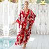 Red Tie-dye Printed Bikini Cover-up Swimsuit Robe Casual V-neck Side Slit Summer Beach Skirt Women's Beachwear Swimsuit Cover-up