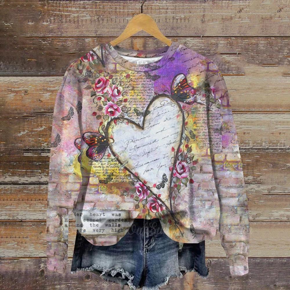 Женская толстовка с круглым вырезом, зимний топ с принтом в стиле Харадзюку, с принтом любящего сердца, свободный женский праздничный повседневный пуловер с длинным рукавом, толстовка с капюшоном