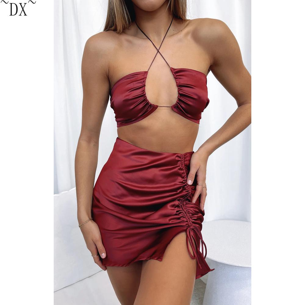 DX ~ ~ однотонная плиссированная юбка на бедрах с запахом, европейская и американская сексуальная атласная полуюбка с высокой талией на молнии, женское летнее платье