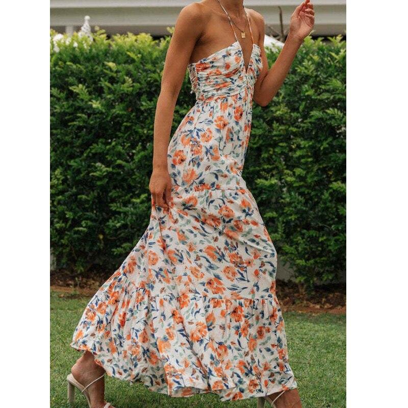 Летнее шифоновое платье без рукавов с V-образным вырезом, длинное, для праздника, сексуальное, с цветочным принтом, с высокой талией, свободное пляжное платье для женщин, Vestidos 25318