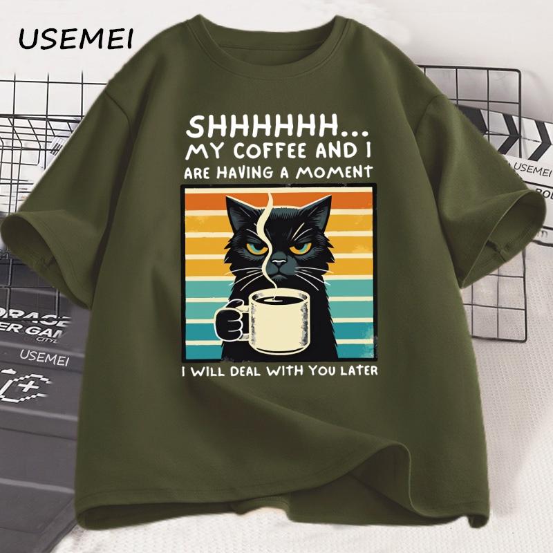 Смешная футболка с кошкой и кофе Летняя хлопковая с коротким рукавом Футболка для кошачьей мамы Футболка для любителя кофе Ретро футболка с кошкой Унисекс Одежда