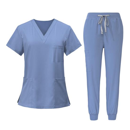 Женская больничная форма, комплект из 2 шт./компл., комплект с v-образным вырезом и короткими рукавами, несколькими карманами, топы с эластичной резинкой на талии, комплект быстросохнущих рабочих костюмов для салонов красоты, стоматологических медсестер