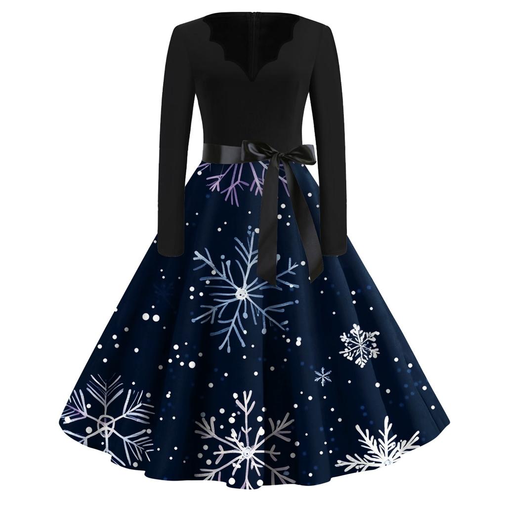 Женские модные повседневные тонкие рождественские платья с длинным рукавом с v-образным вырезом и принтом