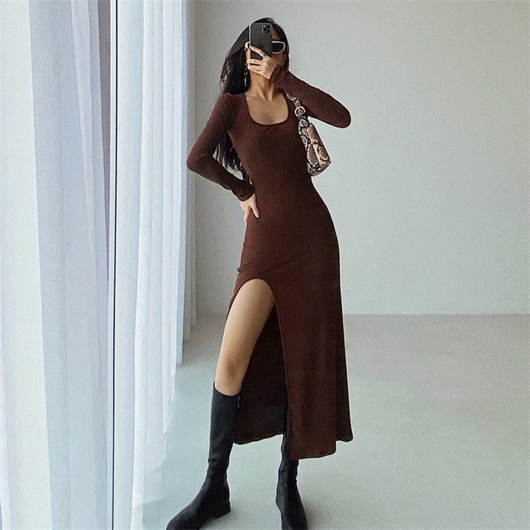 YPFF New Autumn Women's Slim Fit High Slit Long Sleeve Dress - Elegant, Sexy Solid Color Skirt