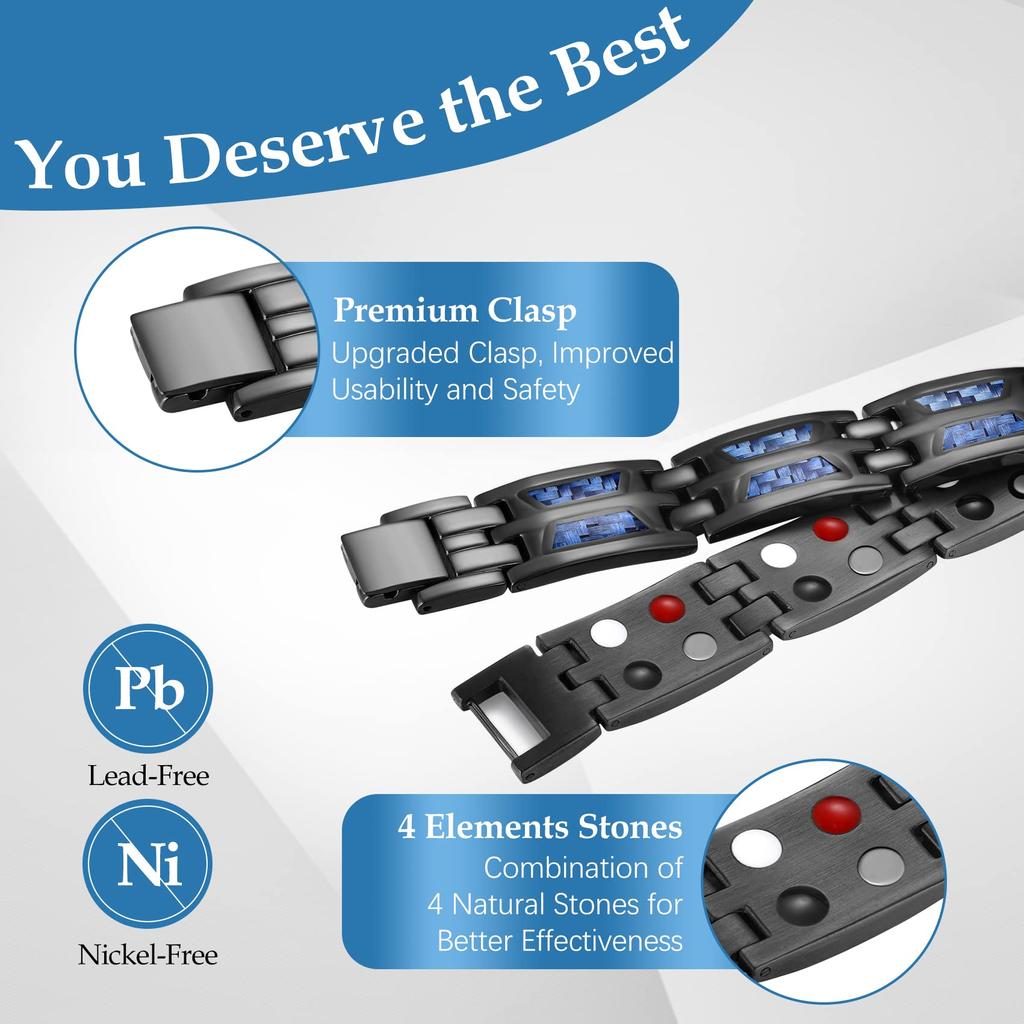 Magnetic Therapy Bracelets for Men Unique Blue Carbon Fiber Titanium Steel Materials Magnetic Bracelet for Men Black with 4 Element Magnets