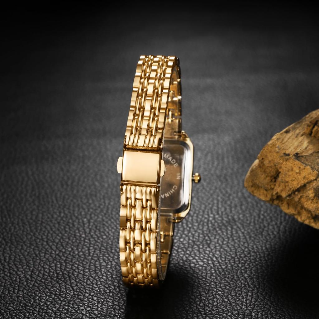 Square Bar Stainless Reverse Rotation Birthday Gold Women's Wristwatch, Waterproof, Dial Index, Simple, Quartz, Steel, Adjustable, Prevention,