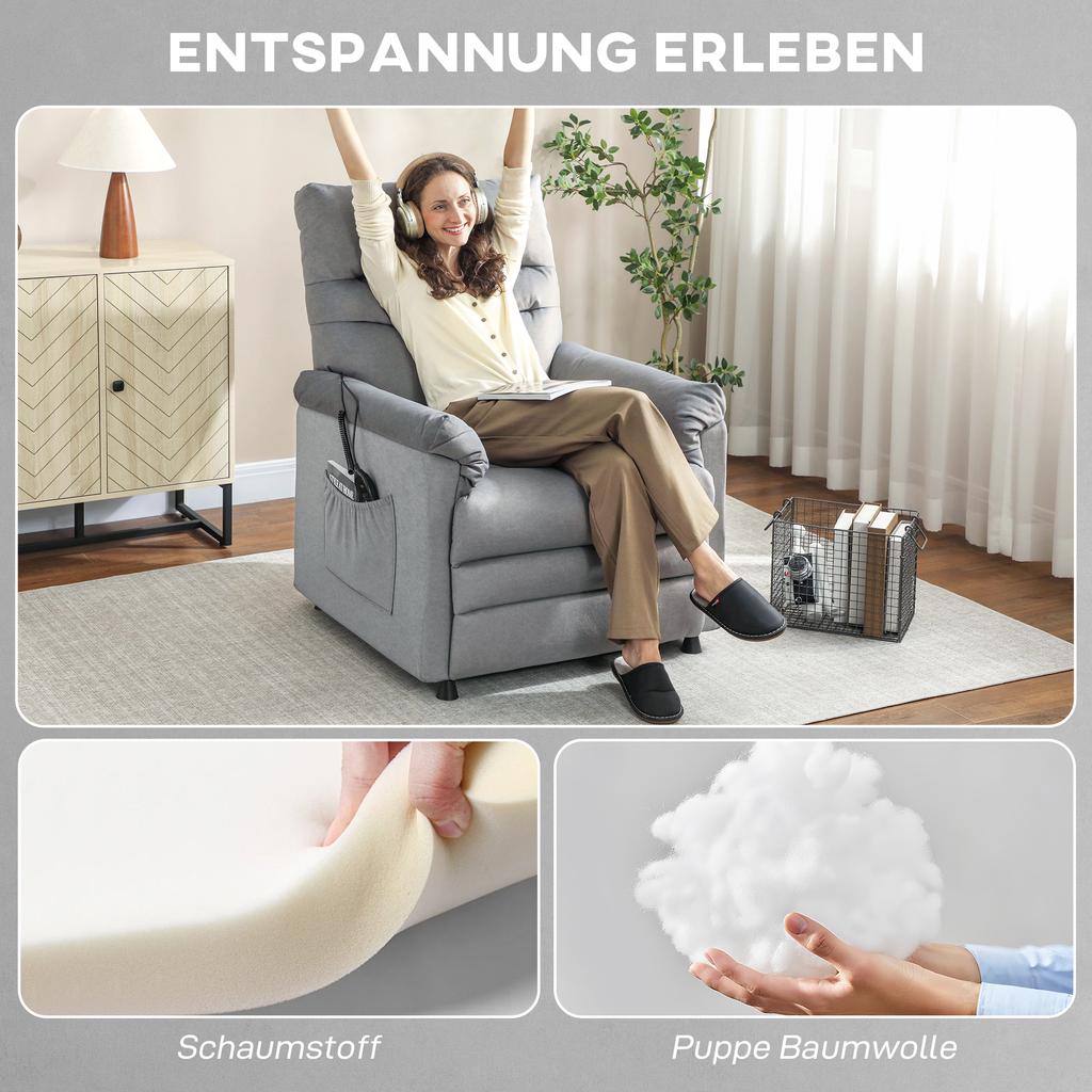 Recliner Chair, TV Armchair with Reclining Function, Lumbar Heating, 2 Remote Controls, USB Port, Quiet Motor, Grey