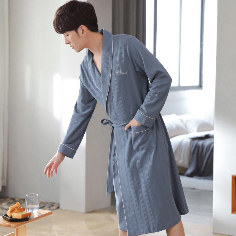 Men'S Nightgown Spring And Autumn Long-Sleeved Pure Cotton Long Bathrobe Pajamas Cotton Integrated Thin Large-Size Bathrobe Dressing Gown