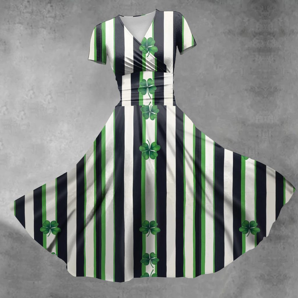 Женское платье принцессы, сексуальное платье с V-образным вырезом, принтом, присборенной талией, плиссировкой и короткими рукавами