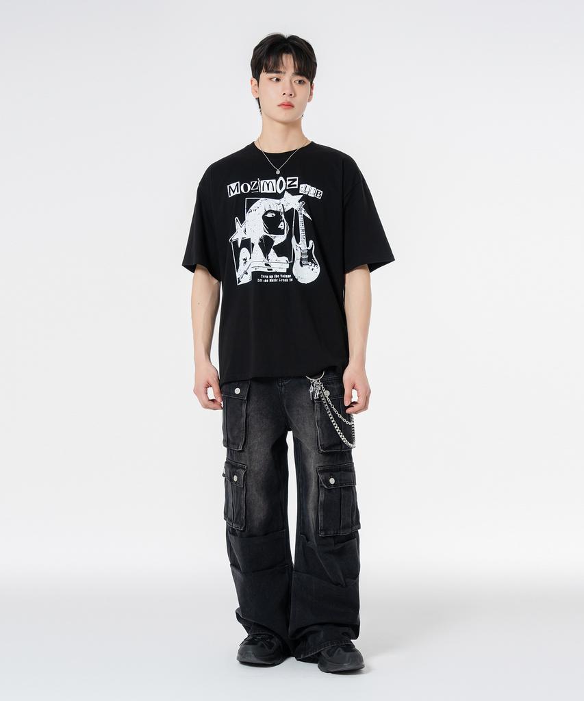 MOZMOZ Comic Girl Oversized Short Sleeve T-Shirt Black